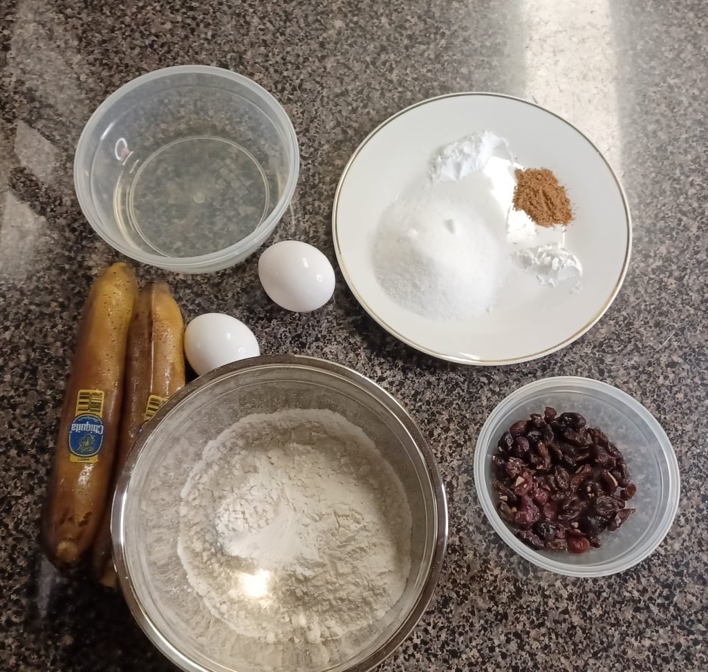 Banana cake ingredients on a kitchen slab.