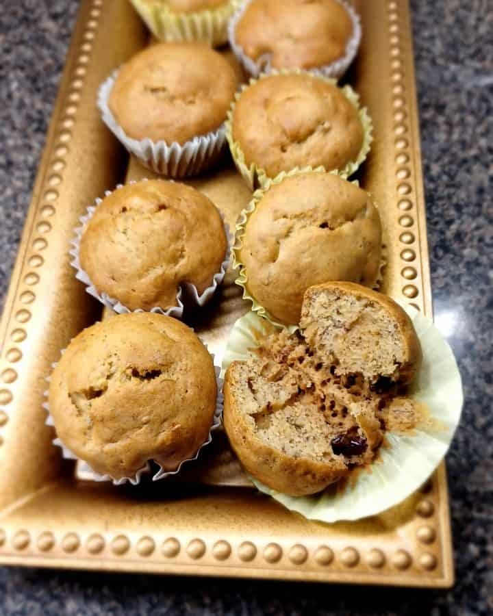 Banana cakes in a brown tray on the kitchen slab.