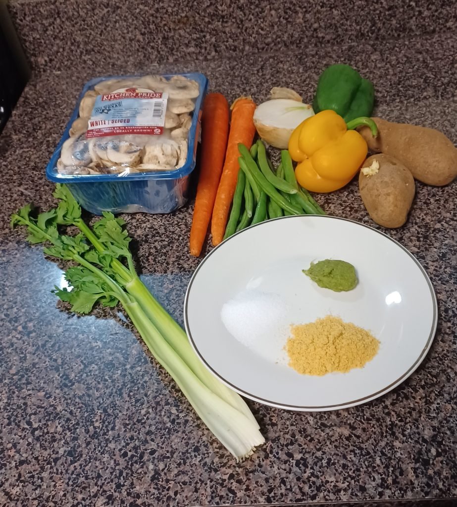 Mushroom stir fry ingredients on the kitchen slab. 